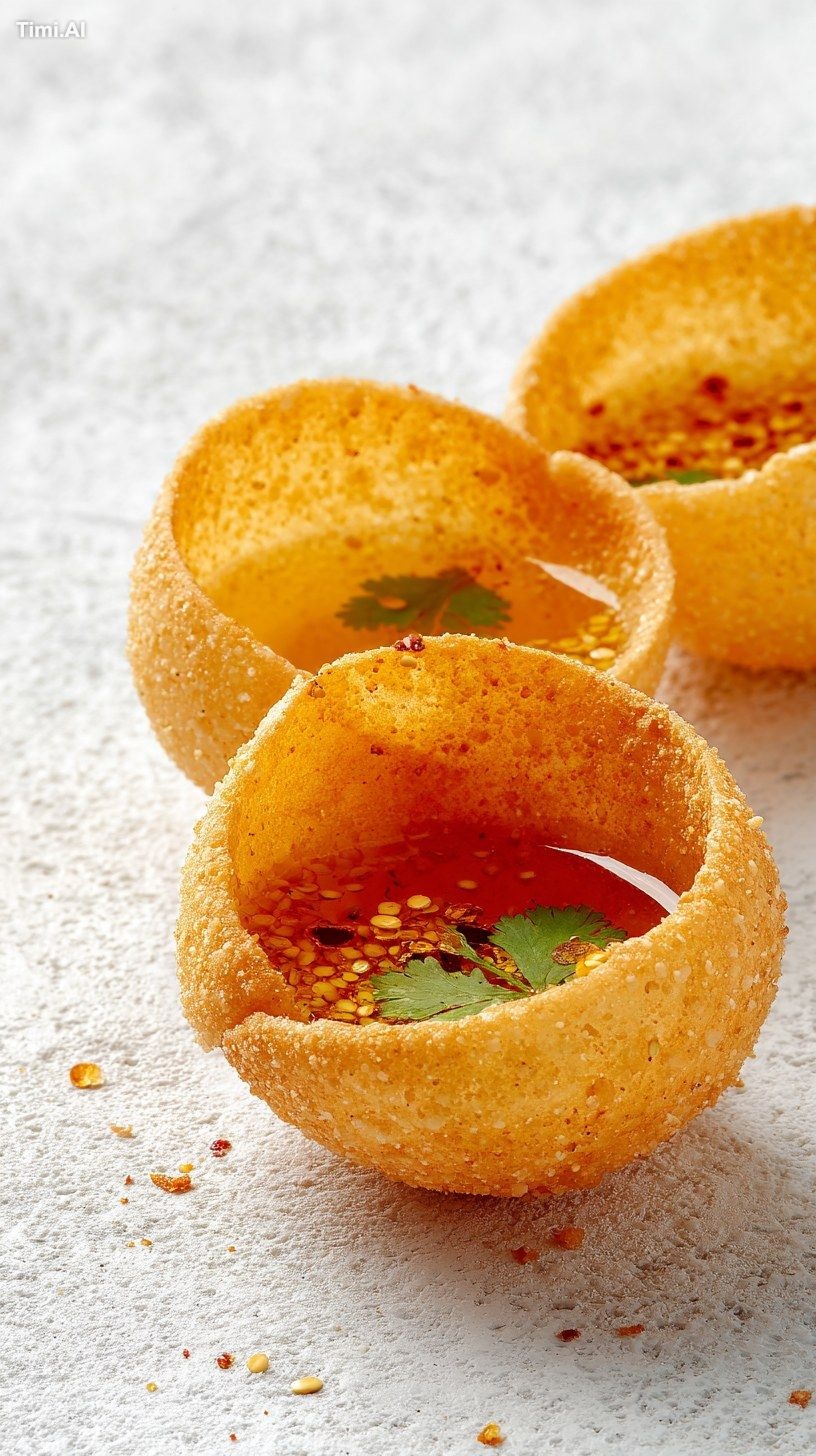 Spicy Pani Puri hollow crisps with spicy water, three-quarter, white ba…