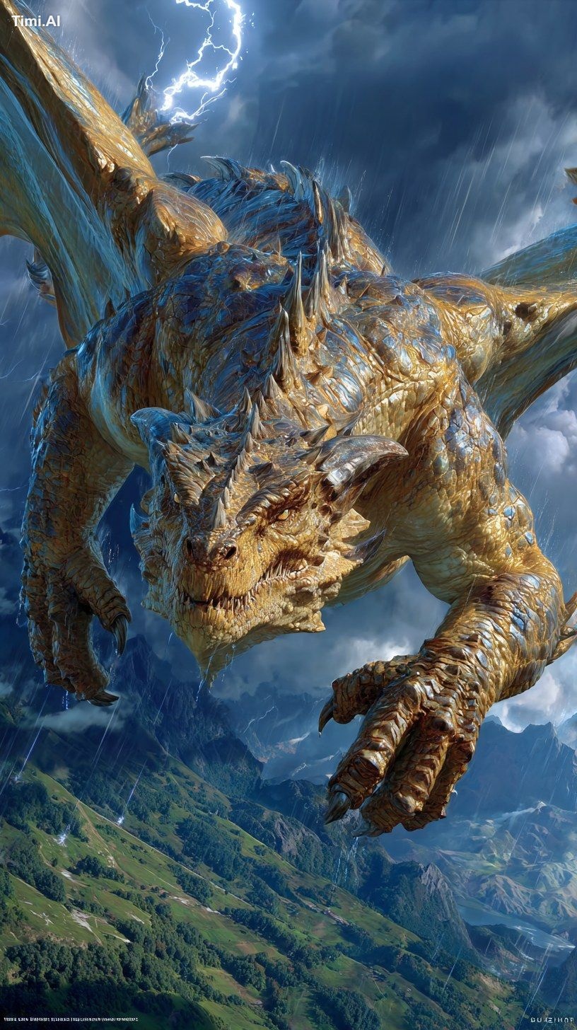 Yinglong dragon flying above a stormy mountain range, wings wide open, …