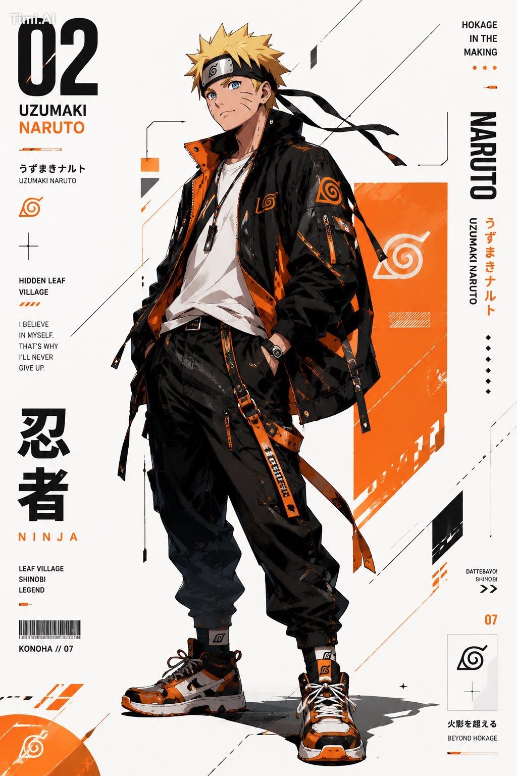 Create a premium anime-techwear editorial poster series featuring {char… 1