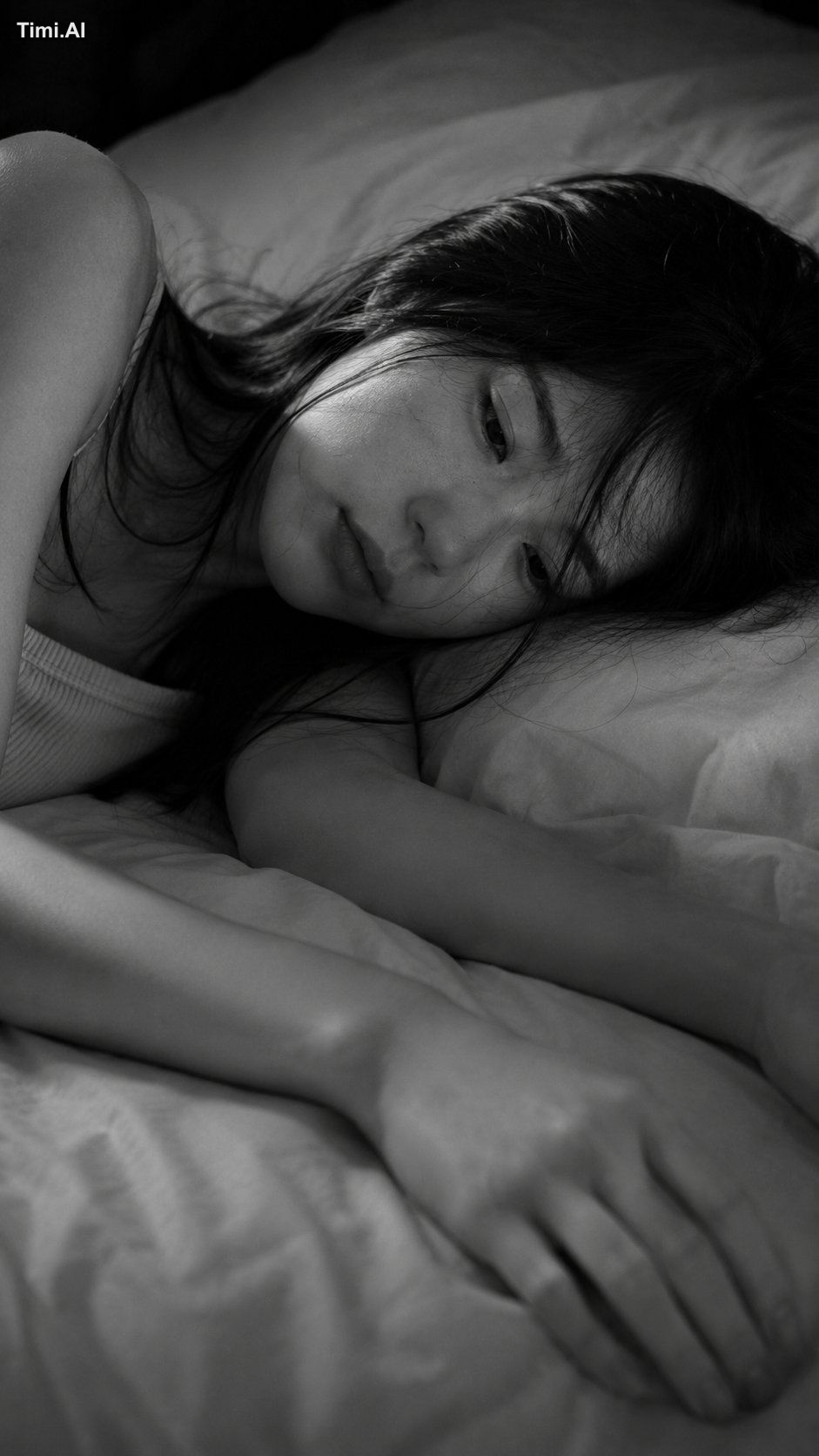 Close-up portrait, 85mm f/1.2, a young East Asian woman in her early 20…
