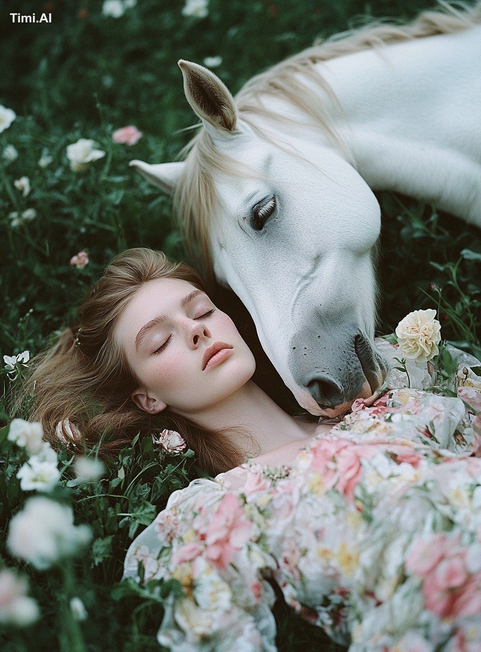 A photograph of an elegant woman in a floral dress lying on the grass w…