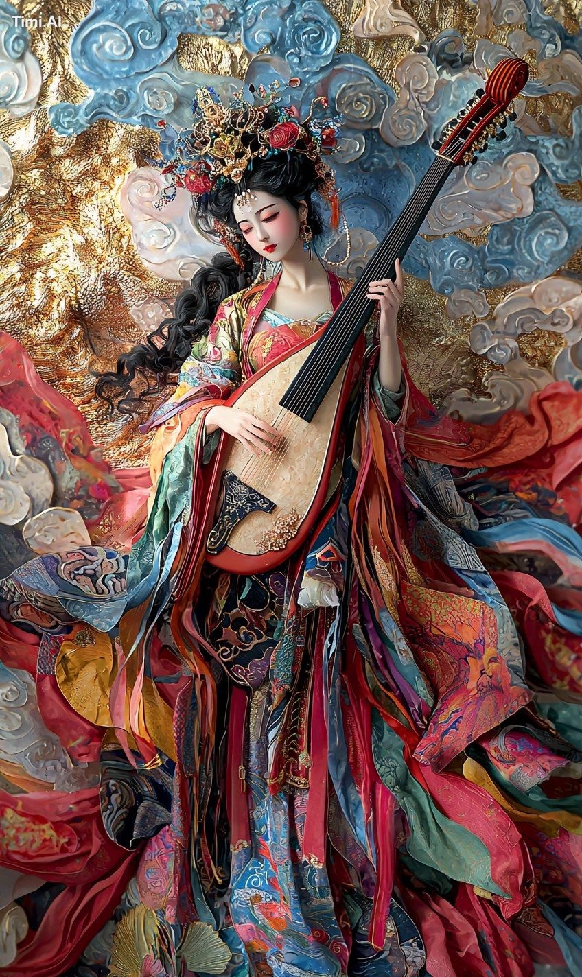 Dunhuang style, a goddess holding an ancient Chinese pipa stands in the…