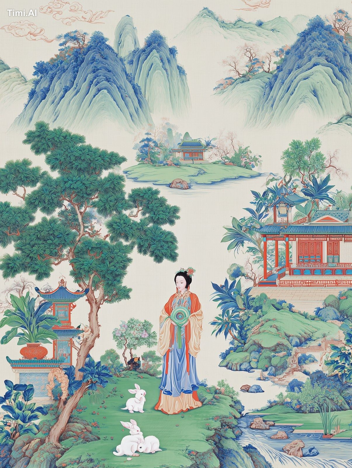 The fairy in the shape of Chang'e holds a jade plate in her hand and st…