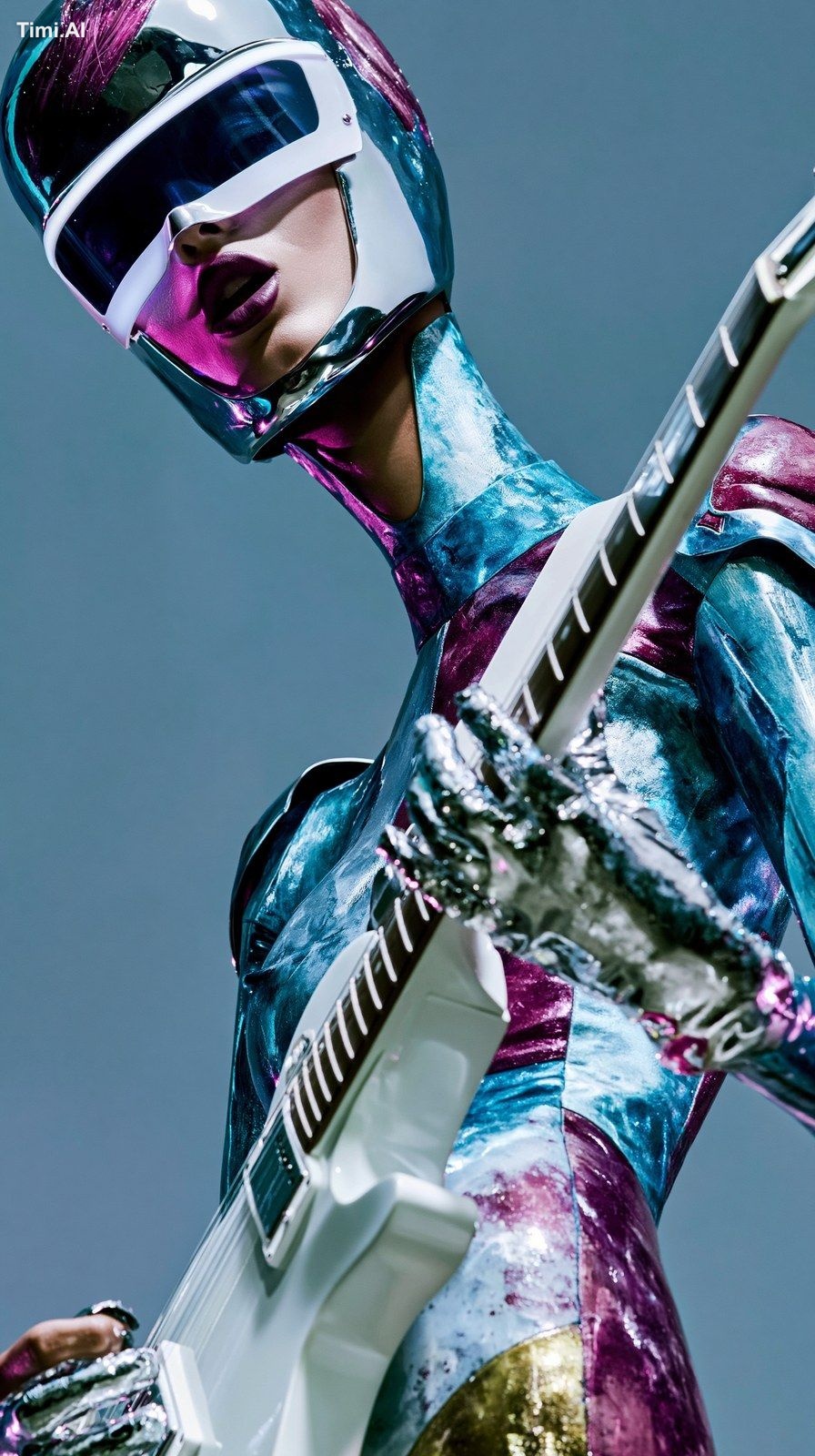 Neon colored-haired humanoid fembot funk guitarist, inspired by sleek F…