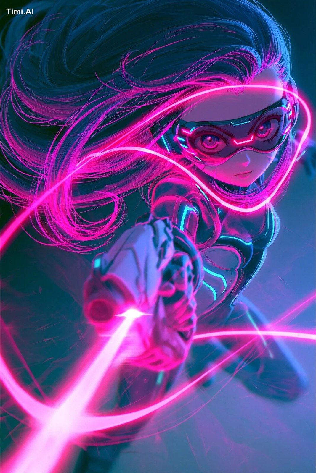 a vibrant digital render featuring a futuristic, anime-style character.…