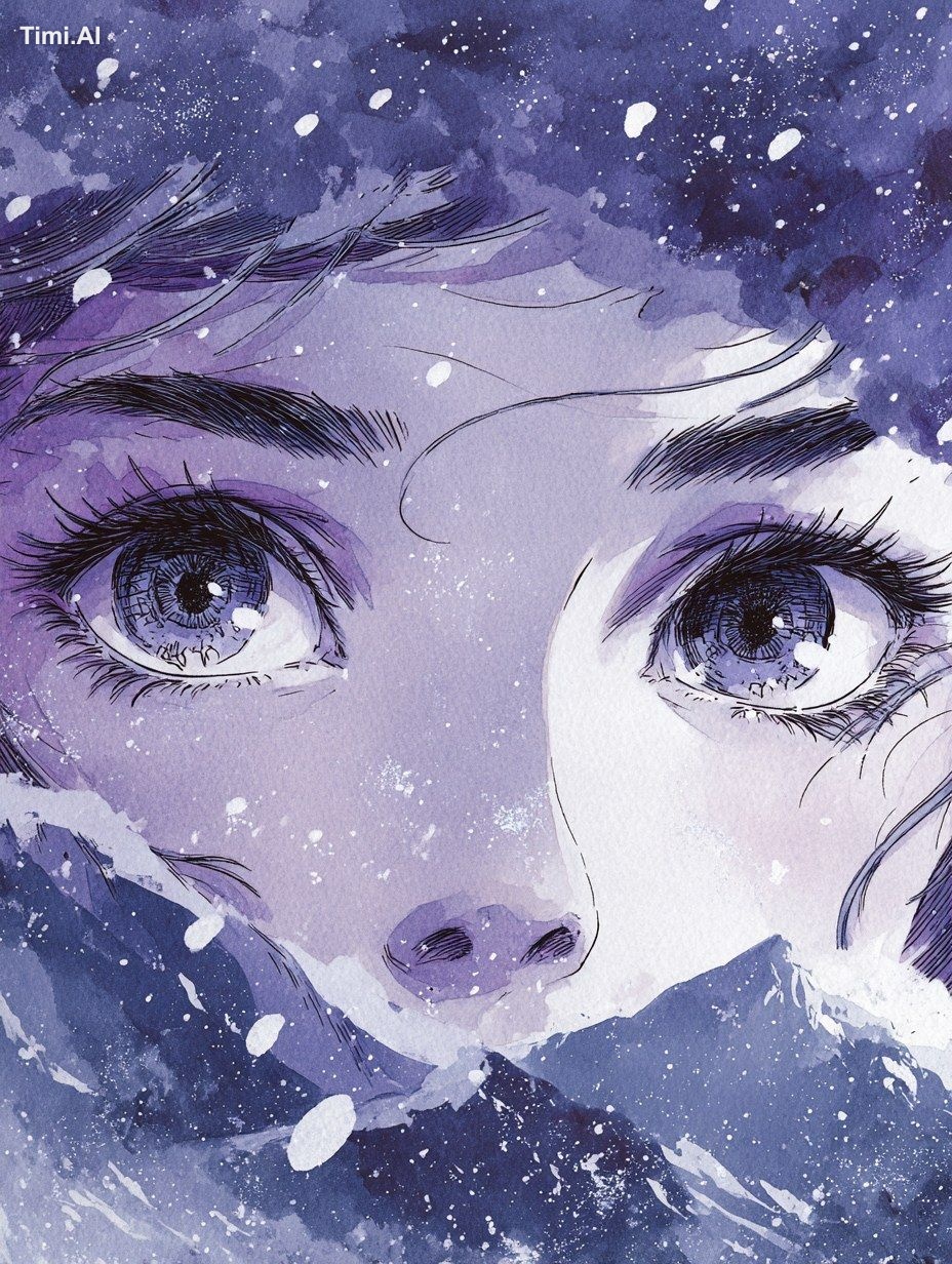 close-up of eyes, with heavy snowfall, in pastel colors, in the style o…
