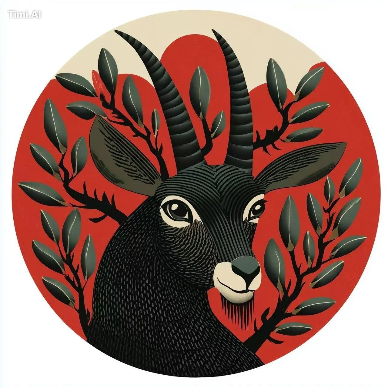 serow horns turning into branches of a tree round icon Scandinavian sty…