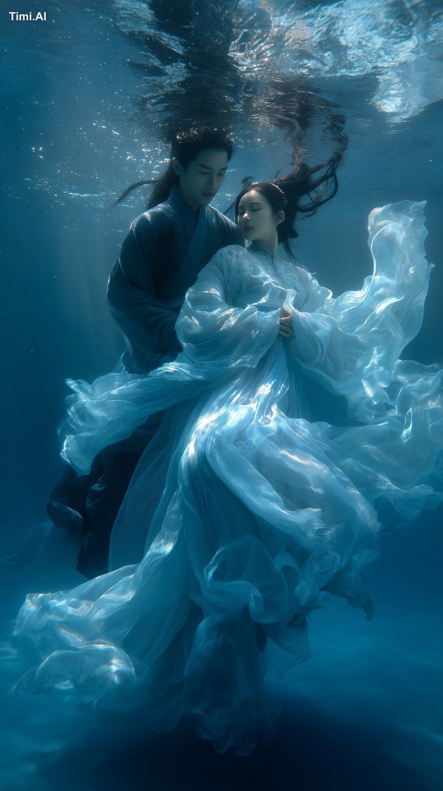 A man and woman in blue Hanfu stand underwater, with long black hair fl…