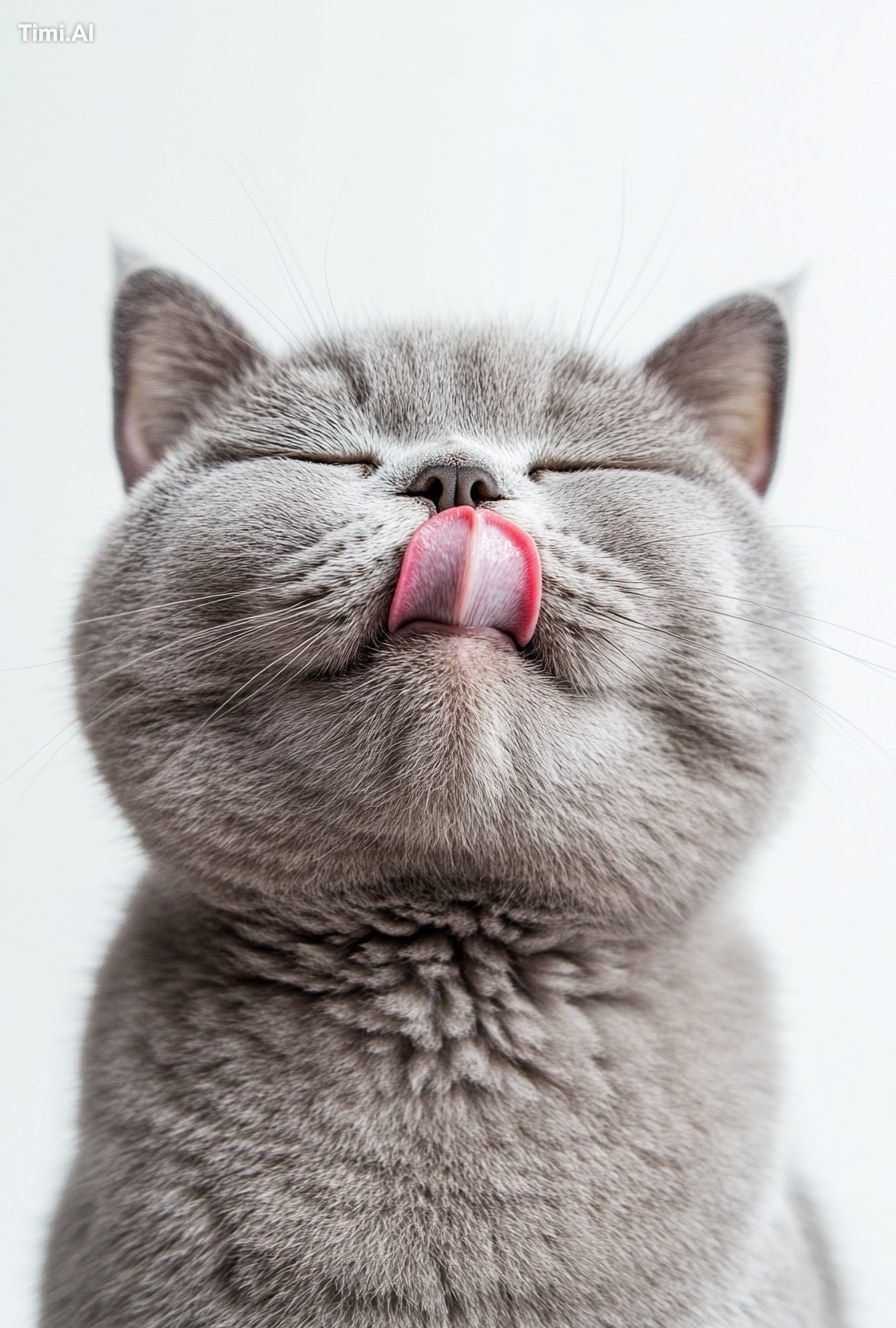 A photograph of an overweight British shorthair with its tongue licking…