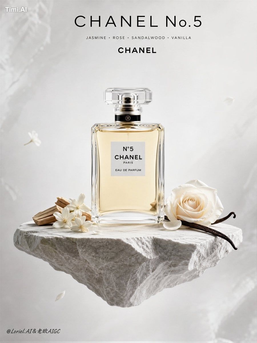 Create an ultra-premium fragrance poster for Chanel No.5, composed in a…