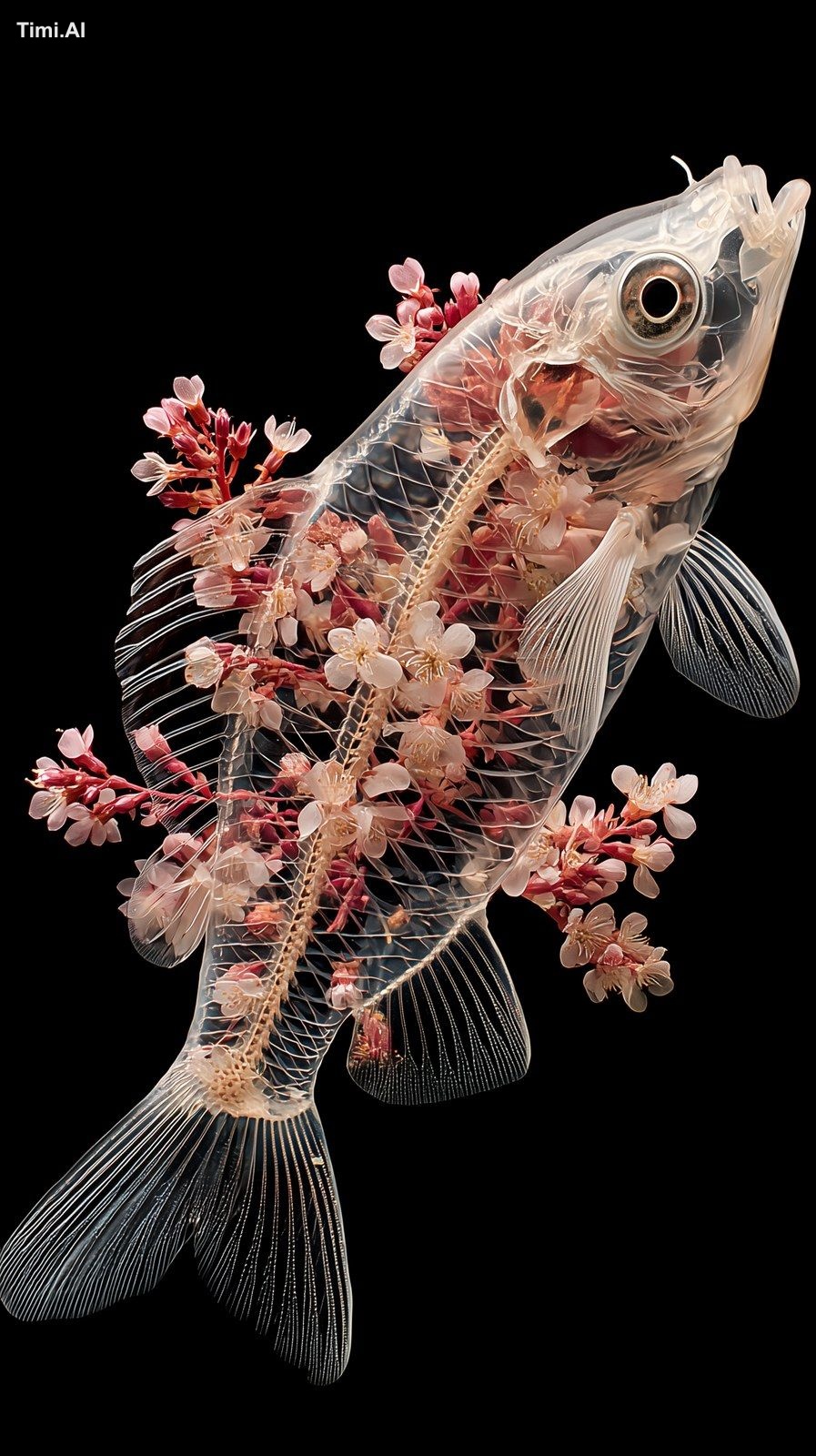 A transparent fish with pale pink flowers on its body, against a black …