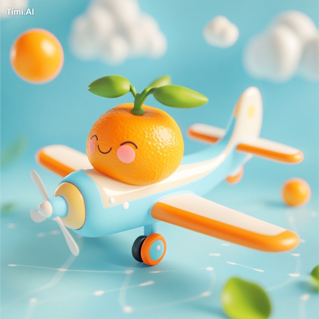 A 3D background with a cute tangerine on a cute airplane is a white --v…