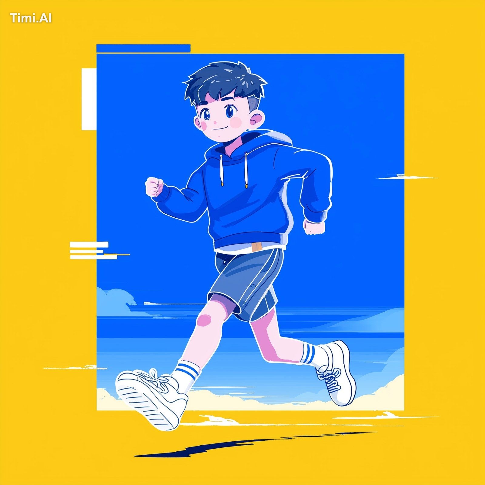A cute cartoon boy is running, wearing a blue hoodie and gray shorts wi…