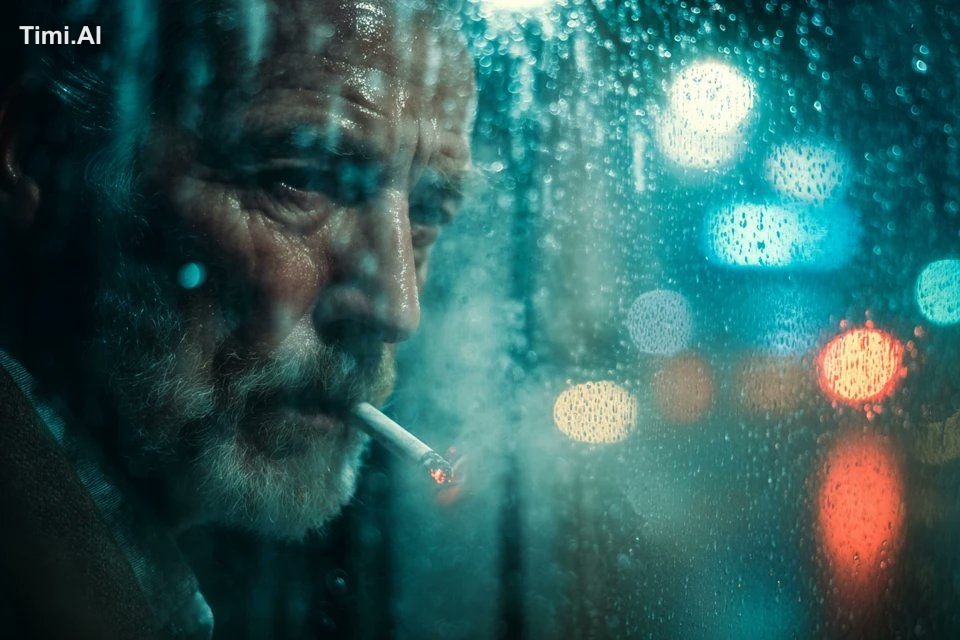 A photorealistic [subject] seen through raindrop-covered glass. Misty a…