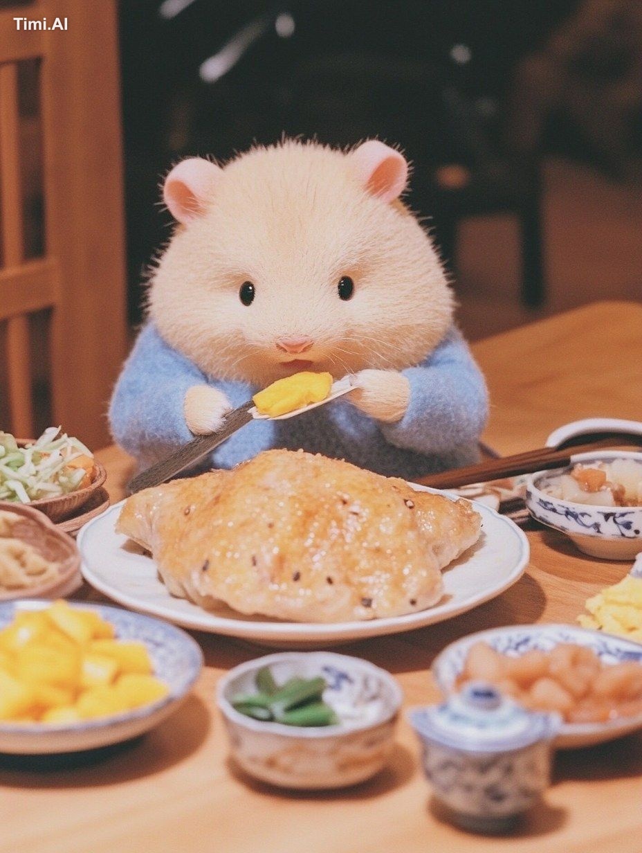 Hamster slicking a giant Peking roast duck, holding a tiny knife, duck …