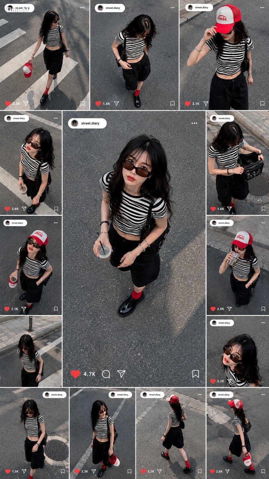 Create a 9:16 modern Instagram-style grid collage featuring the same wo…