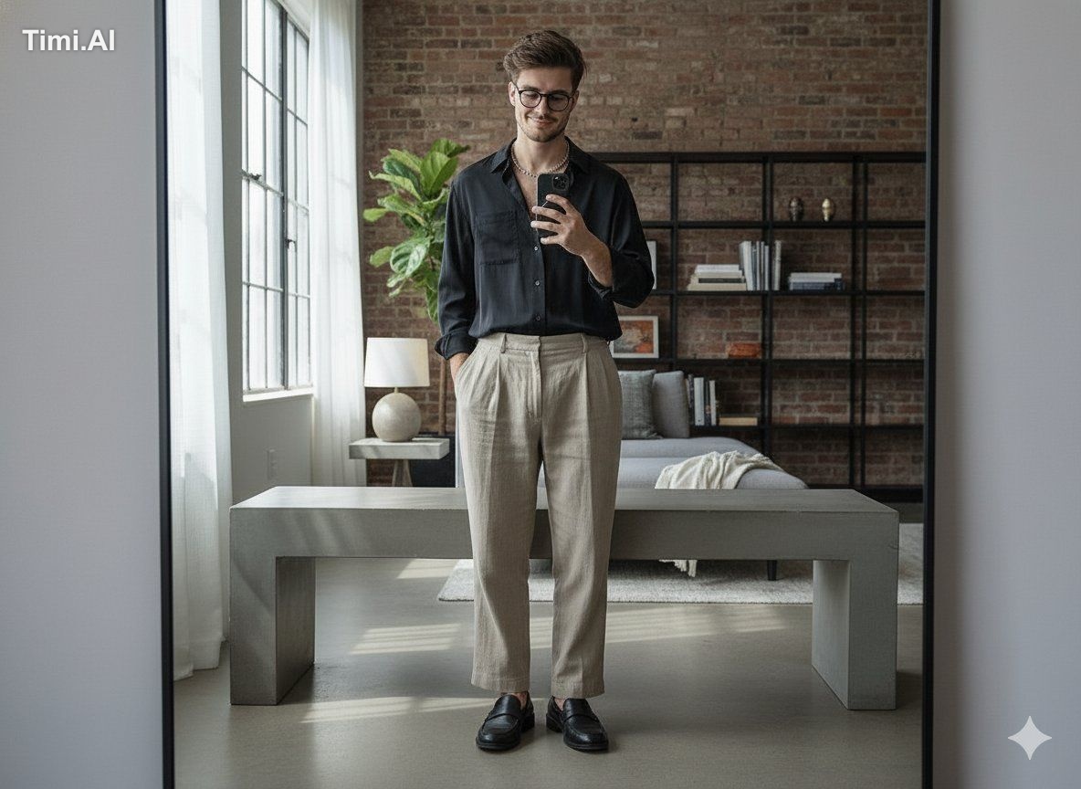 Hyper-realistic cinematic mirror selfie of a man sitting casually on a … 1