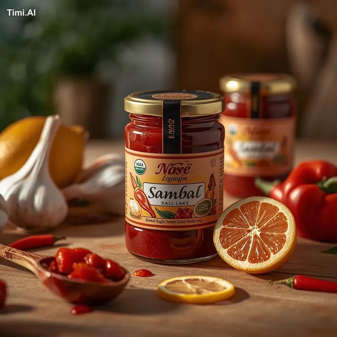Ultra-realistic lifestyle food product photography of a sambal jar (Nas…