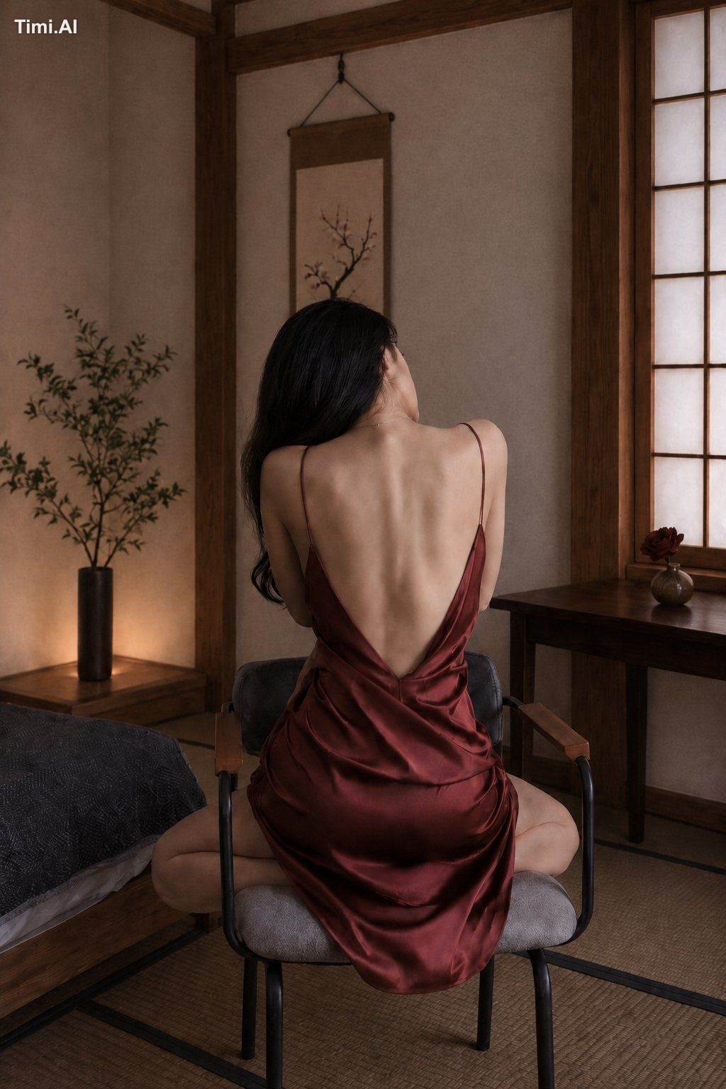 障子越しの灯りが、赤いサテンの皺をゆっくりなぞる夜。 ふり向かない背中にだけ、静けさが集まっていた 🪔🌙🍷 #AIart #AI写真 #…