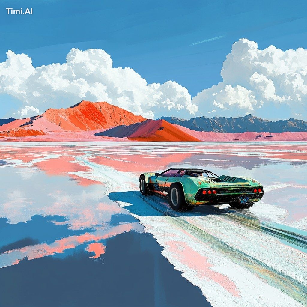 a high performance car driving through salt flats. There are coloured l…