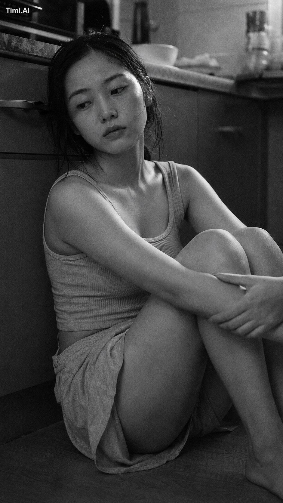 Medium close-up portrait, 85mm, a young East Asian woman in her early 2…