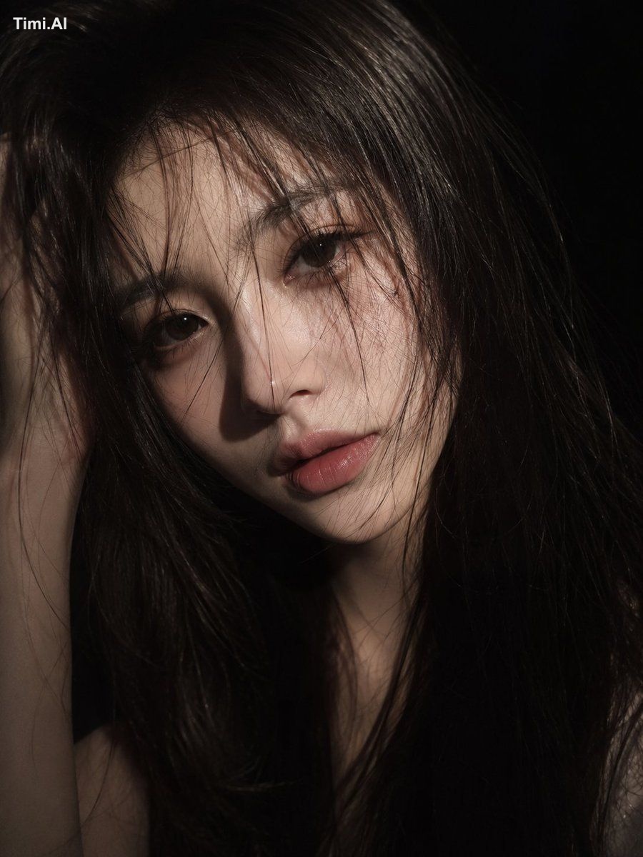 A cinematic close-up portrait of a young East Asian woman with long sli…