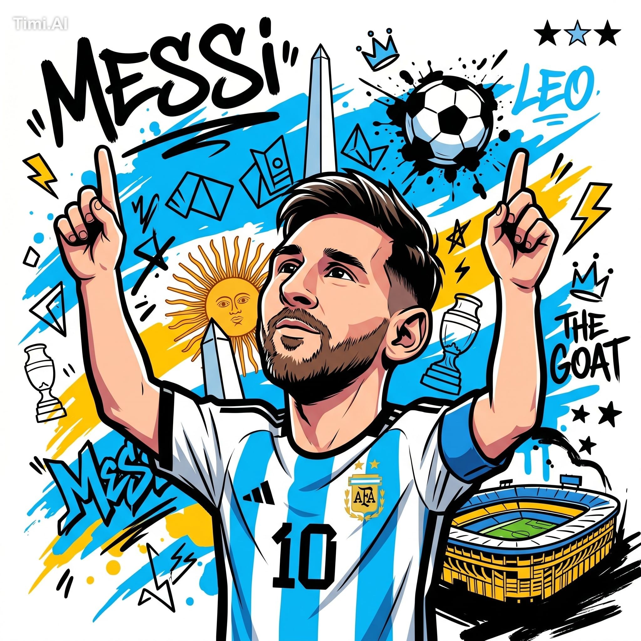 A high-contrast vector-art illustration of Lionel Messi in a dynamic ch…
