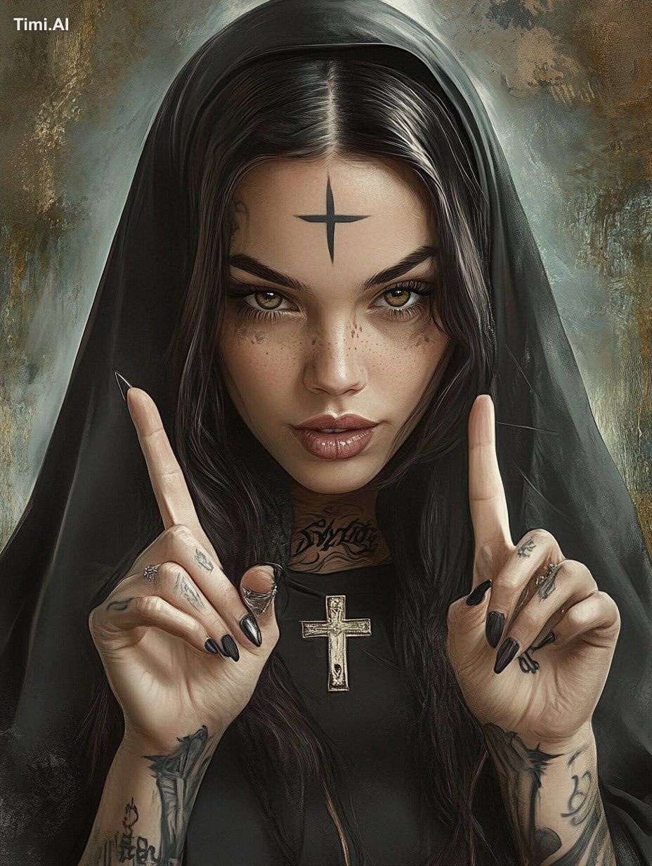 A beautiful tattooed nun with dark hair and a cross on her forehead hol…