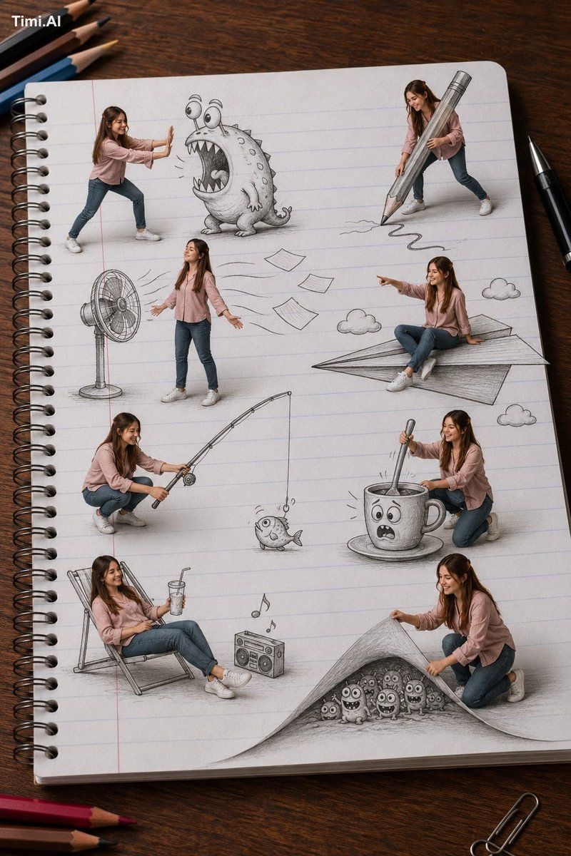 Ultra-realistic miniature 3D photo manipulation on a white spiral noteb…