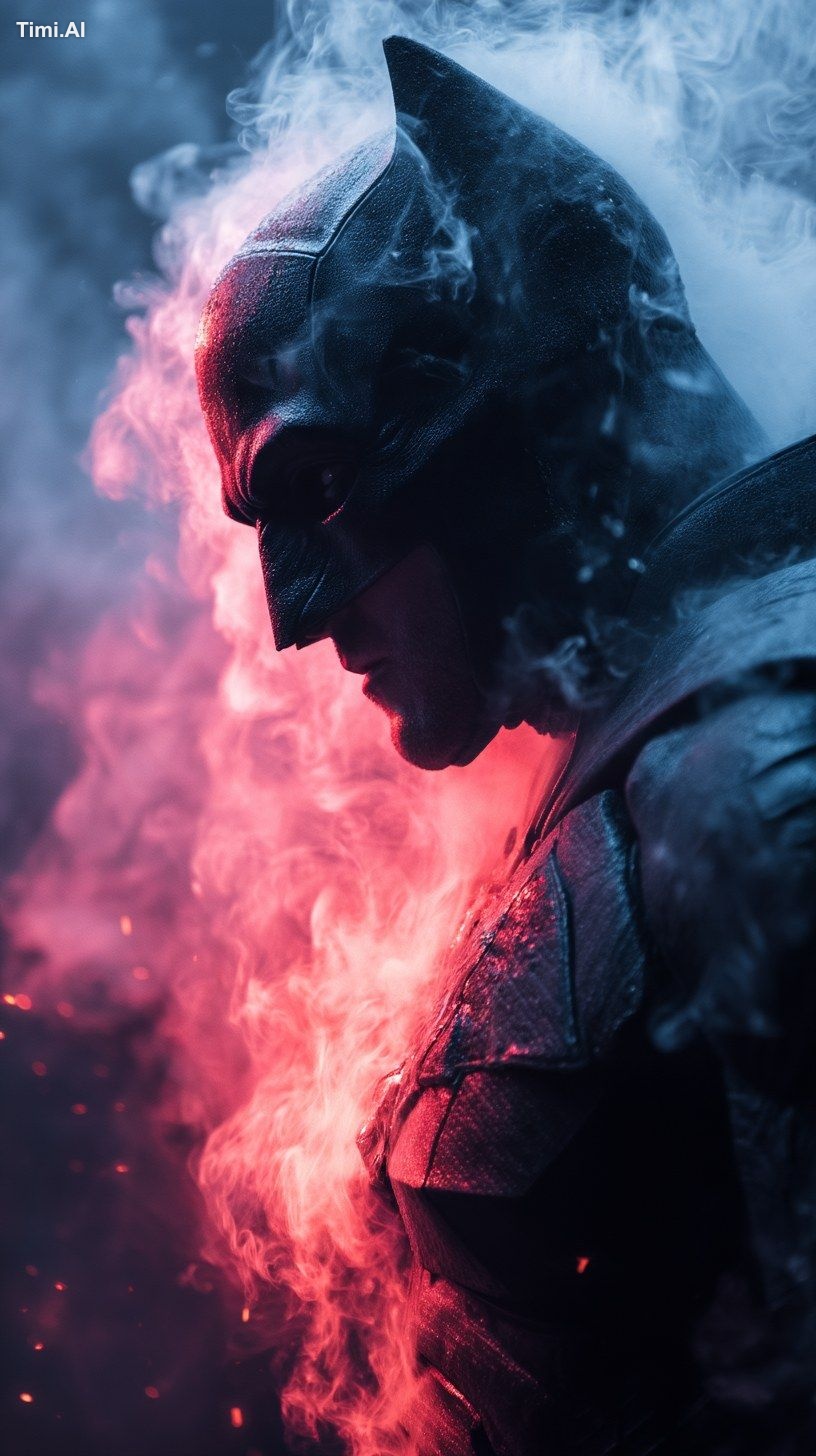 Cinematic promotional photo of The Dark Knight surrounded by swirling s…