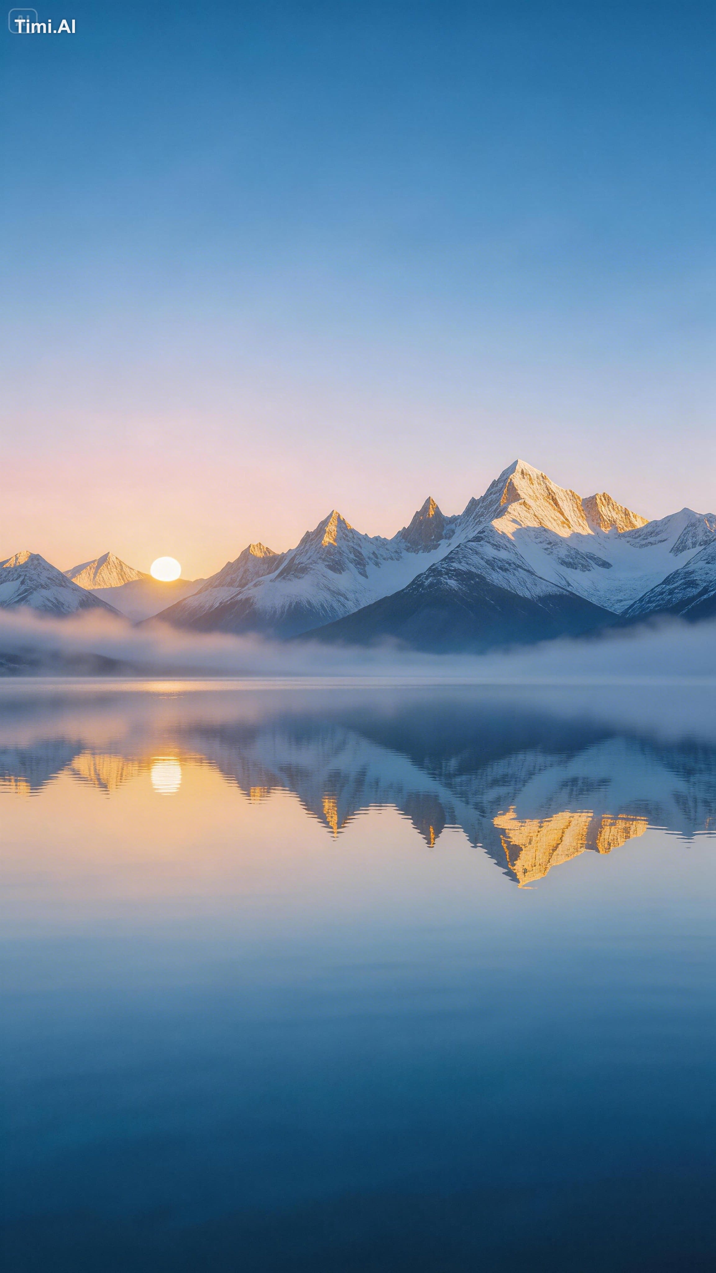 Panoramic view of snow-capped mountain peaks over a calm lake, early su…