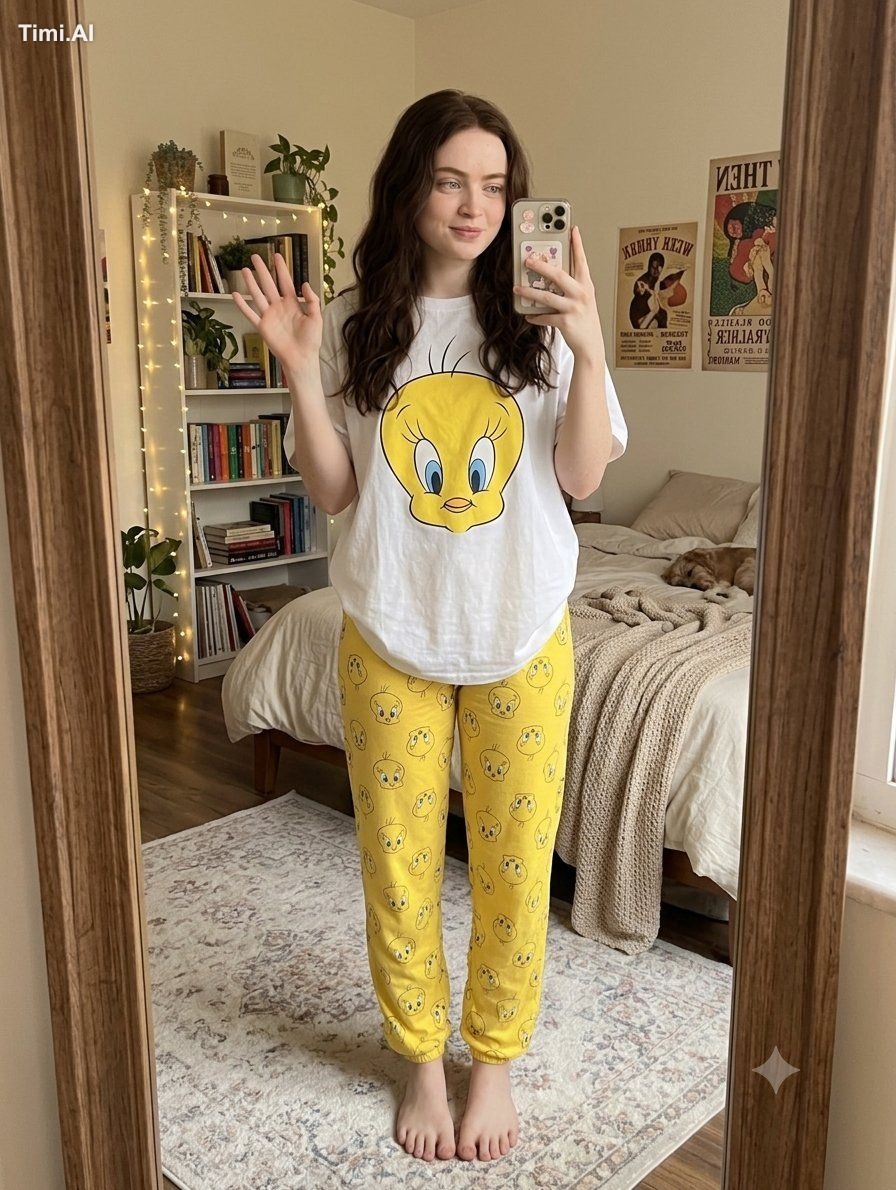 Young woman with long dark hair, taking a mirror selfie in a cozy bedro…