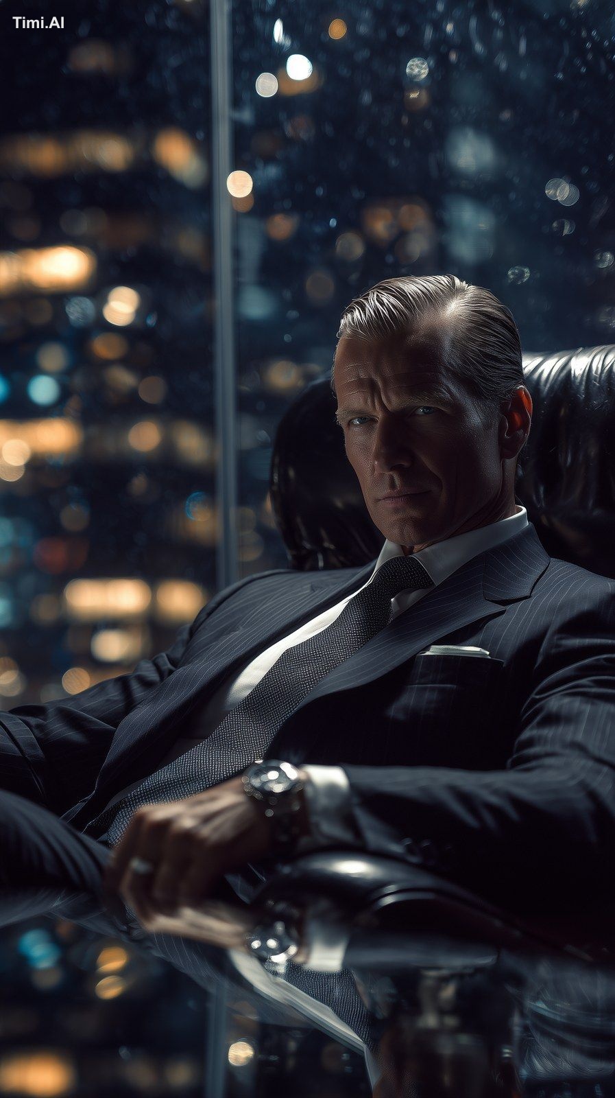 Powerful corporate villain, male, 40s, clean luxury appearance, expensi…