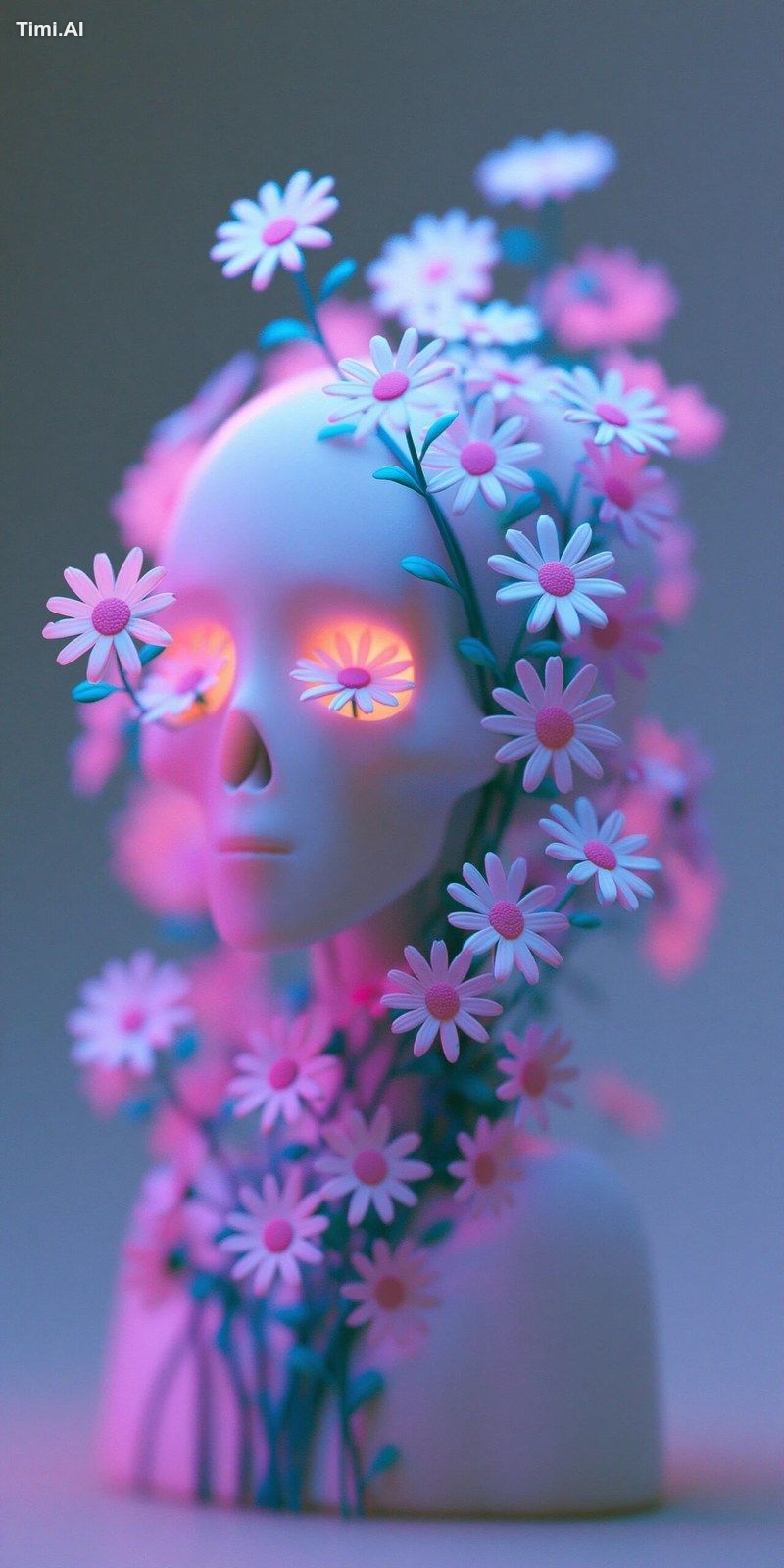 Matte white skull statue, blooming with gentle glowing daisies from eye…