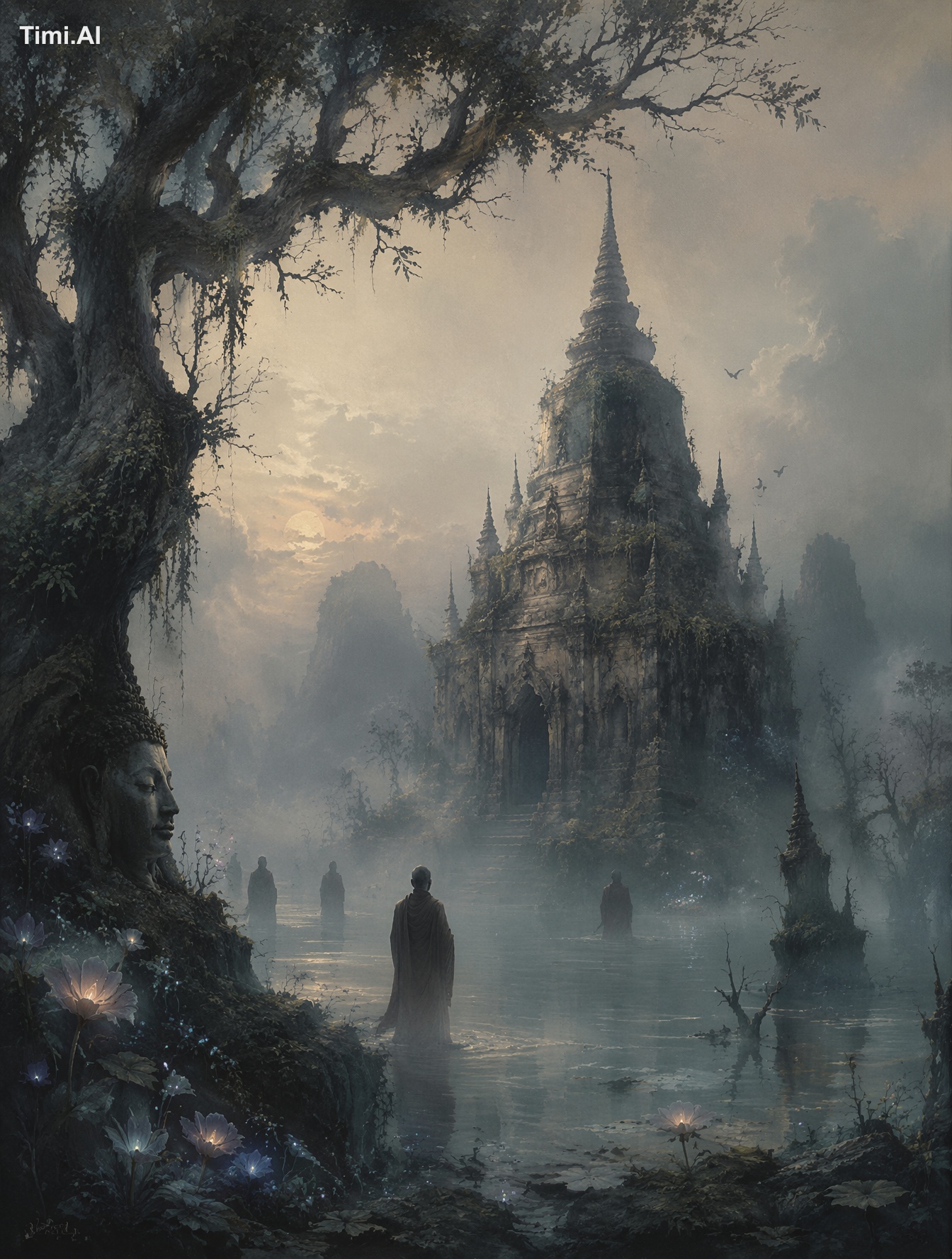 A solitary, ancient temple partially submerged in a misty, ethereal lak…