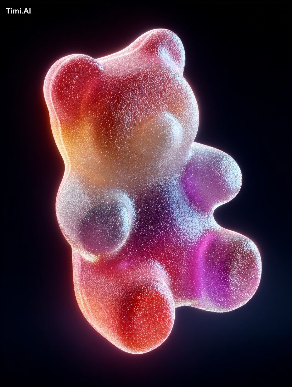 A single, rainbow-colored gummy bear floating in pitch-black space. The…