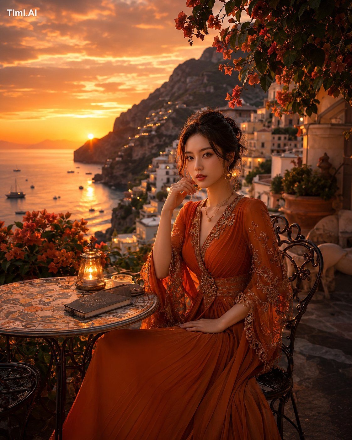 The dress, terrace, and sunset all work together to create that soft el…