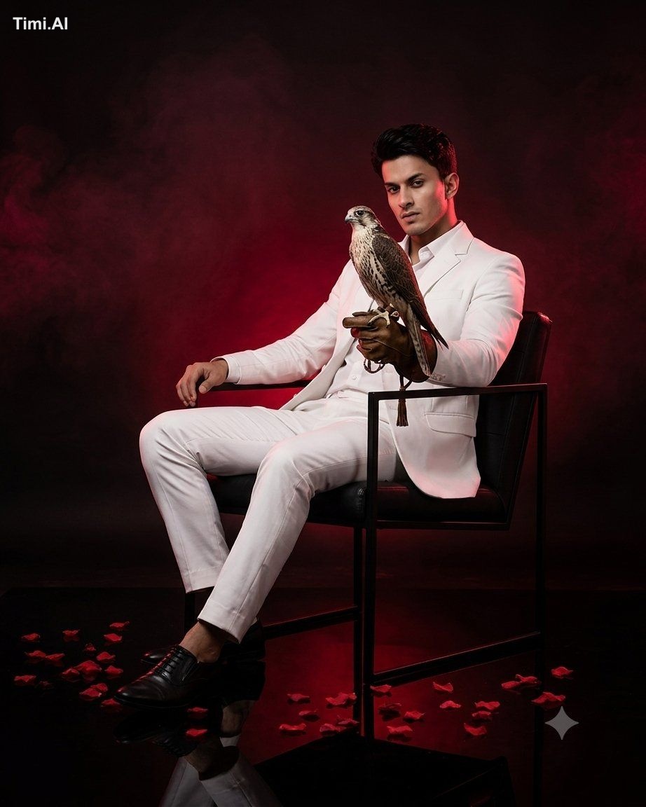 : Create from a confident man in an all-white suit, sitting elegantly o…