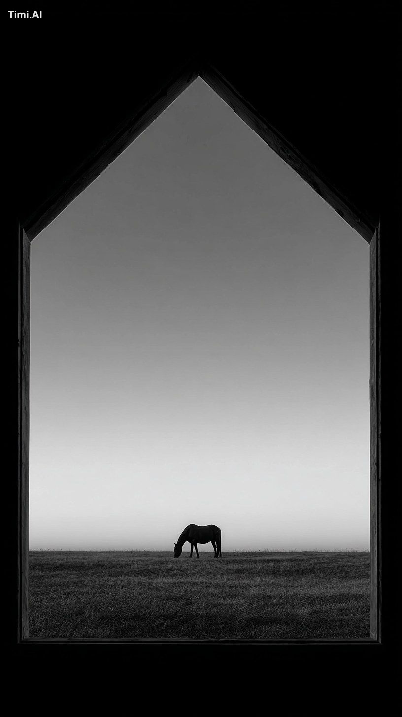field horizon with a single horse grazing silhouetted against the clear…