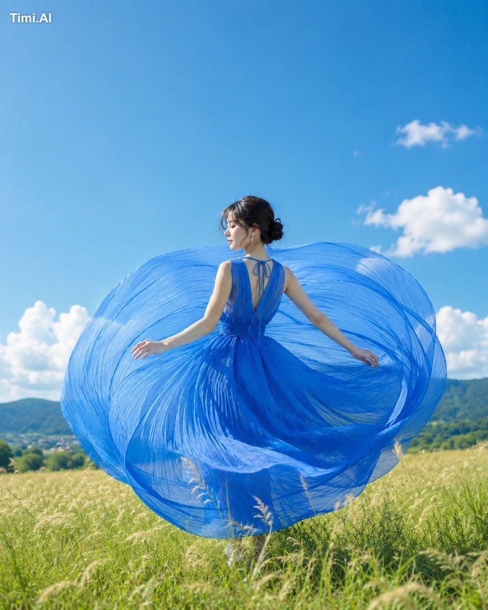 縦長4:5のリアル写真。夏の高原に立つ一人の女性を画面中央やや右に配置し、全身から膝下までが大きく写る。鮮やかな青いロングドレスの薄いプリーツ…