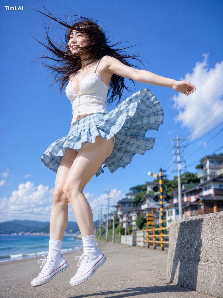 着地する前の一瞬だけ、夏が止まって見えた。🌊☀️👟✨ #AIart #AI写真 #夏空 【GPT Image2プロンプト】 主題： 潮風を…