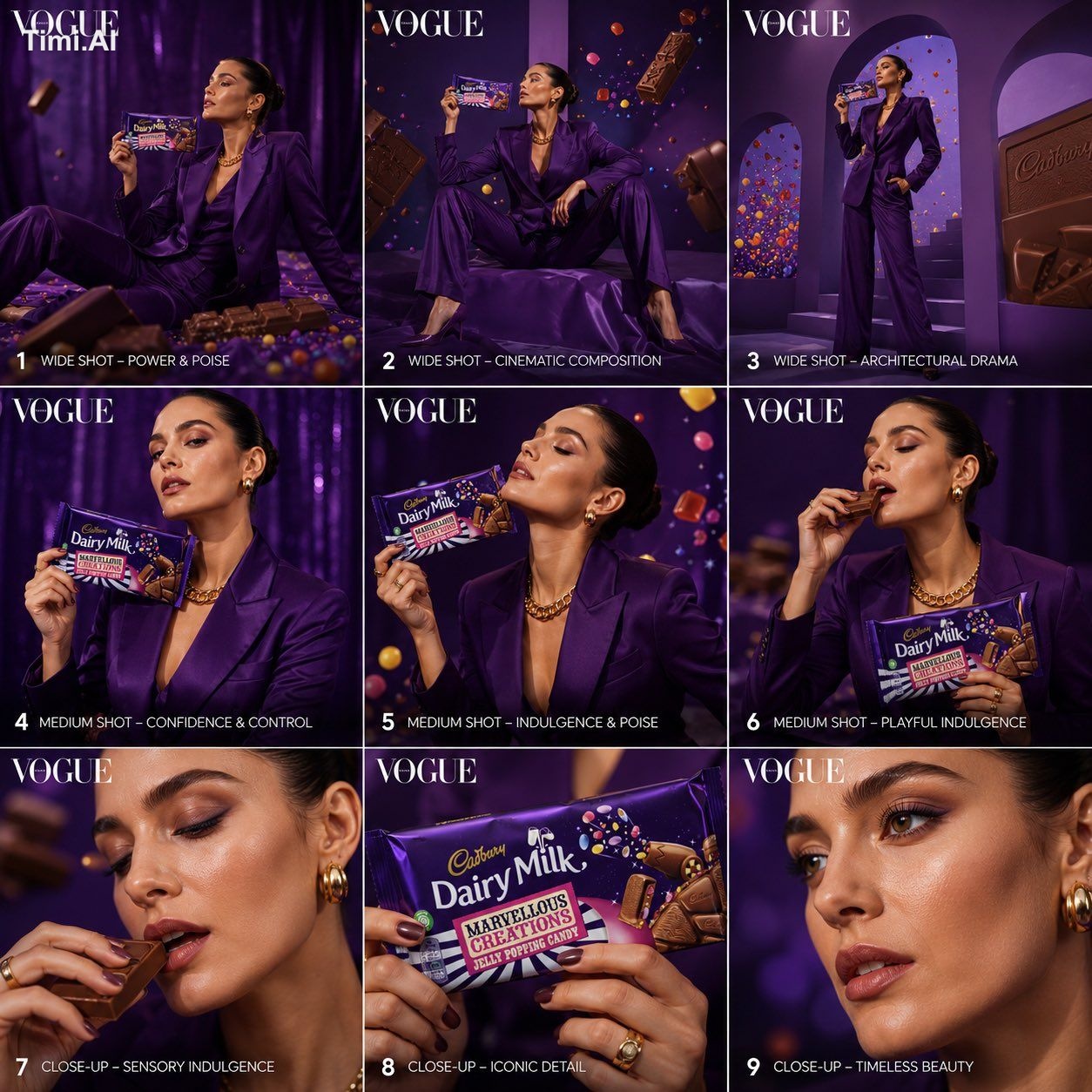 Create a 3×3 storyboard grid (9 images total) in a Vogue high-fashion e… 1