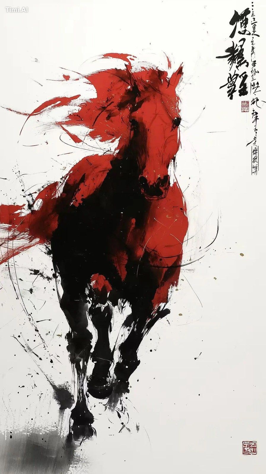a red horse with golden, glittering hair, galloping through the air. th…