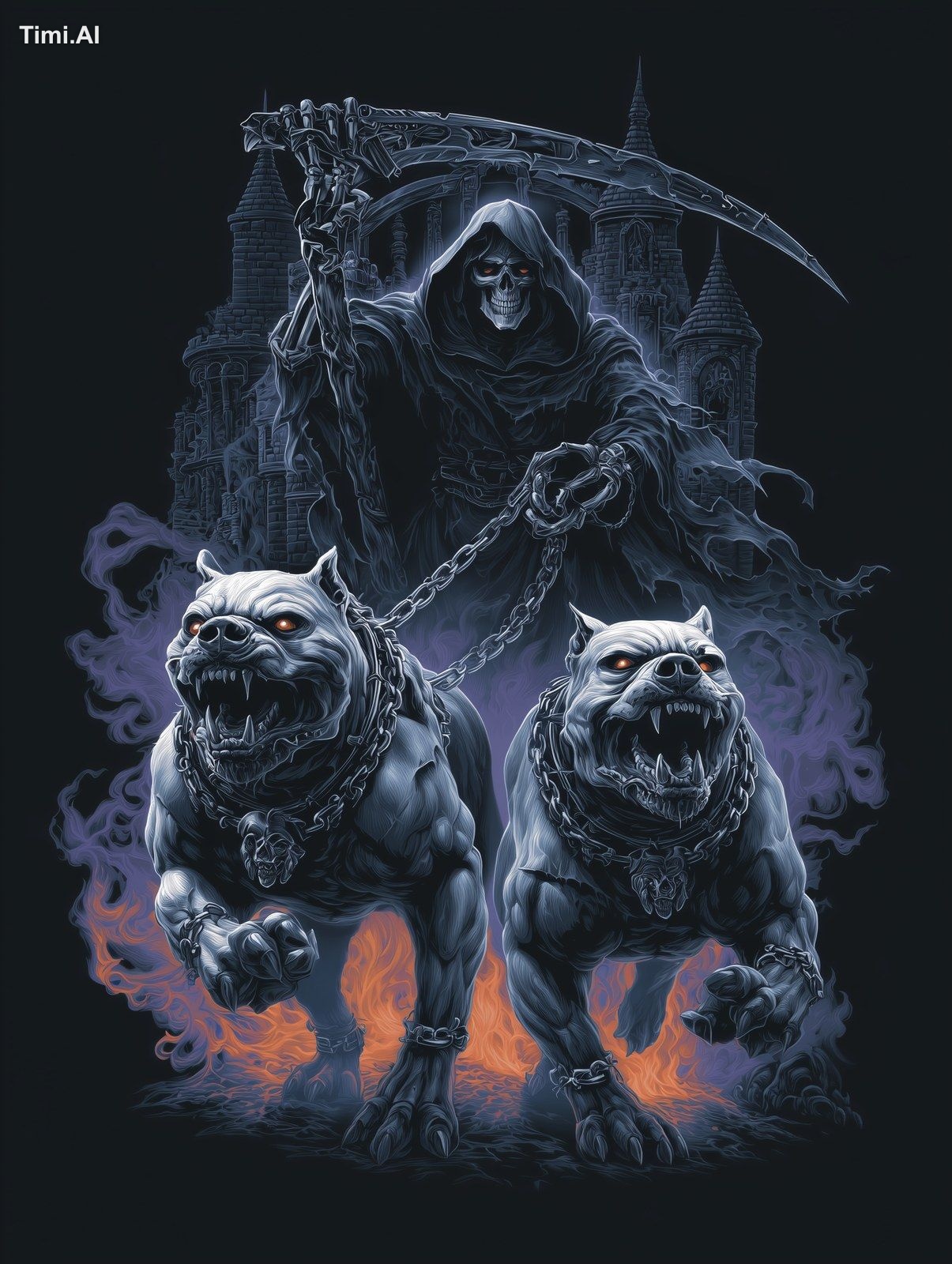 80s-2000s gothic heavy-metal T-shirt illustration, grim reaper/skull/ch…