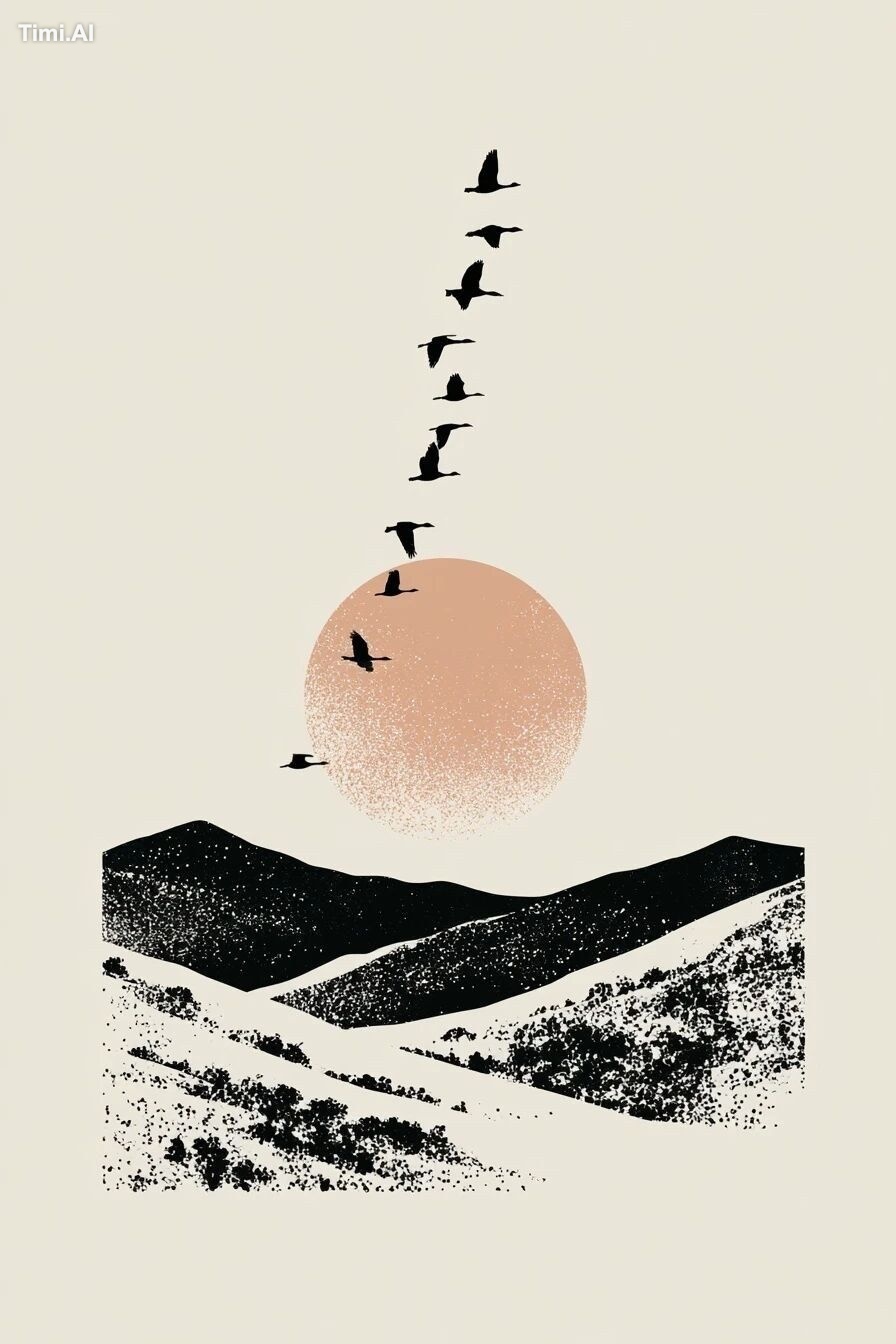 birds in flight over a lush valley with pink hues and minimalist lines …