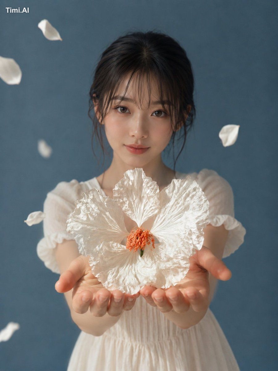 縦長の写真風ポートレート。画面中央に自然で現実感のある女性が立ち、胸元から上半身までを写す。両手をカメラ側へ差し出し、手のひらの上に大きな白い…