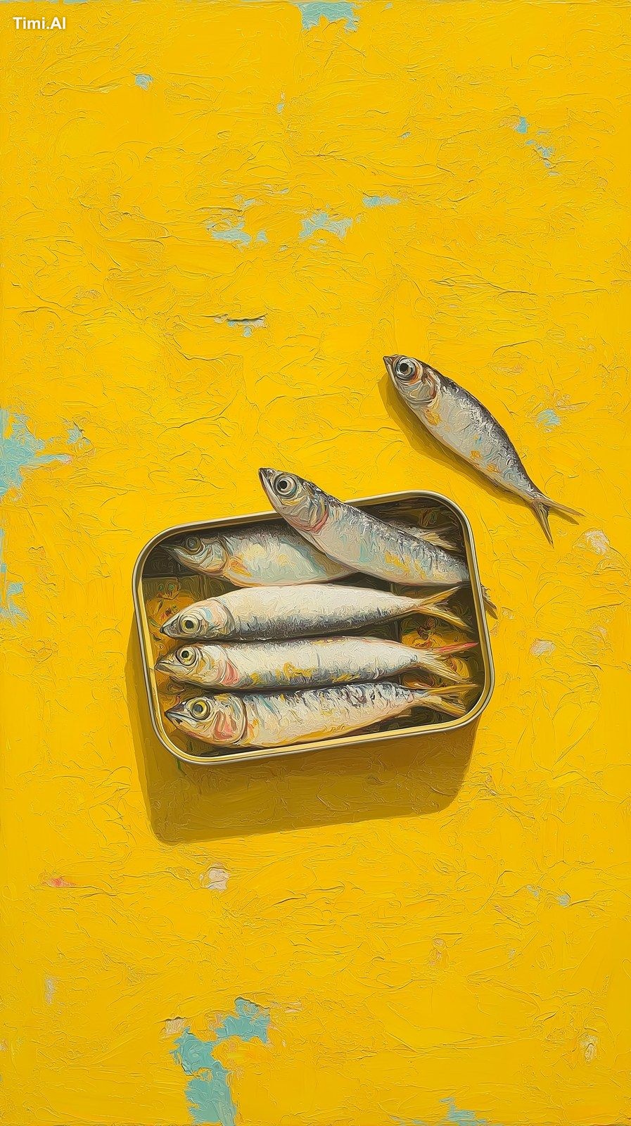 acrylic painting with textured yellow background with one tin with seve…