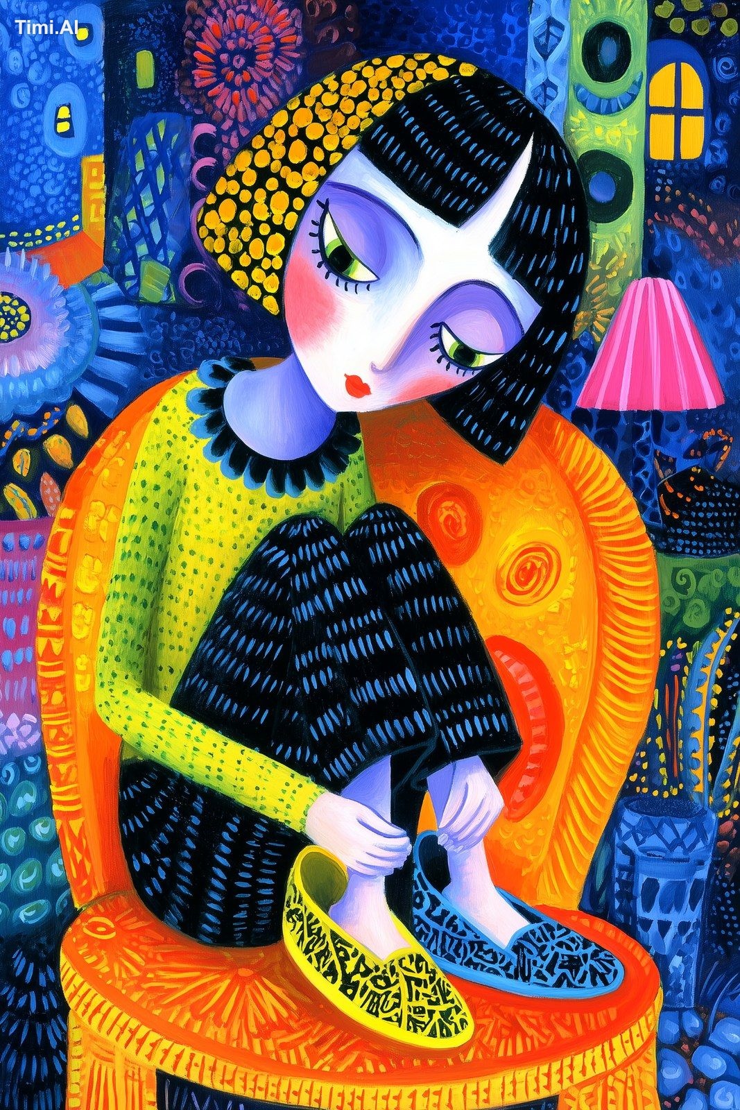 a pretty woman is sitting in a chair, she is putting on her shoes, pain…