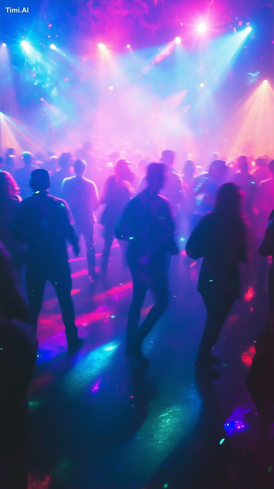 Close-up of a vibrant 90s dance party, crowded dance floor filled with …