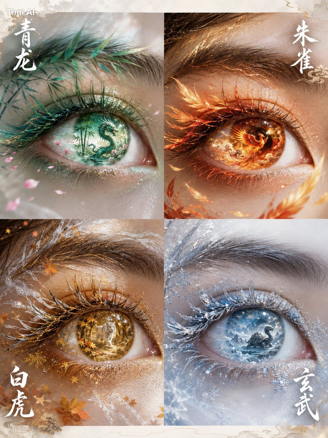 以眼部特写参考图作为唯一人物眼睛参考，生成一张 3:4 四屏构图东方幻想艺术眼眸写真。 四个画面分别代表中国传统四象：青龙、朱雀、白虎、玄武。…
